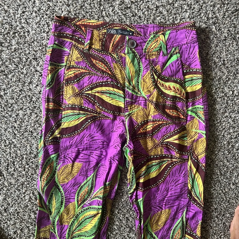 Zara Purple Leaf-Print Flared linen Pants S
